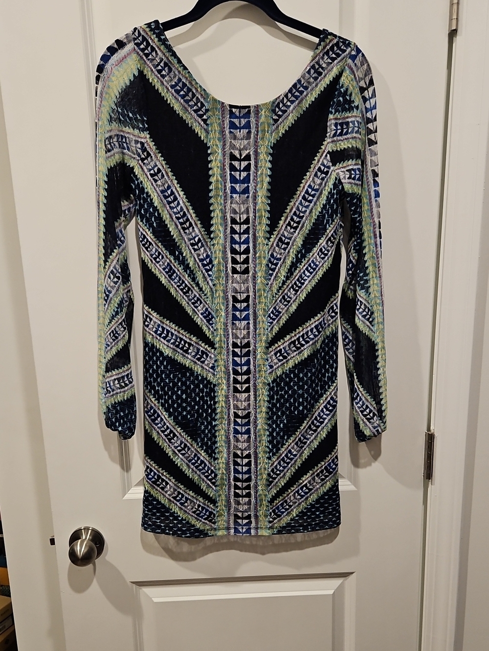 Fire Los Angeles Long-Sleeve Geometric Black, Blue & Green Dress SIZE S